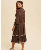 The Cassia chocolate-brown modest dress with cream floral embroidery and a tiered skirt