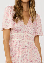 The Myrtle floral rayon-challis modest midi dress with flutter sleeves and a button front