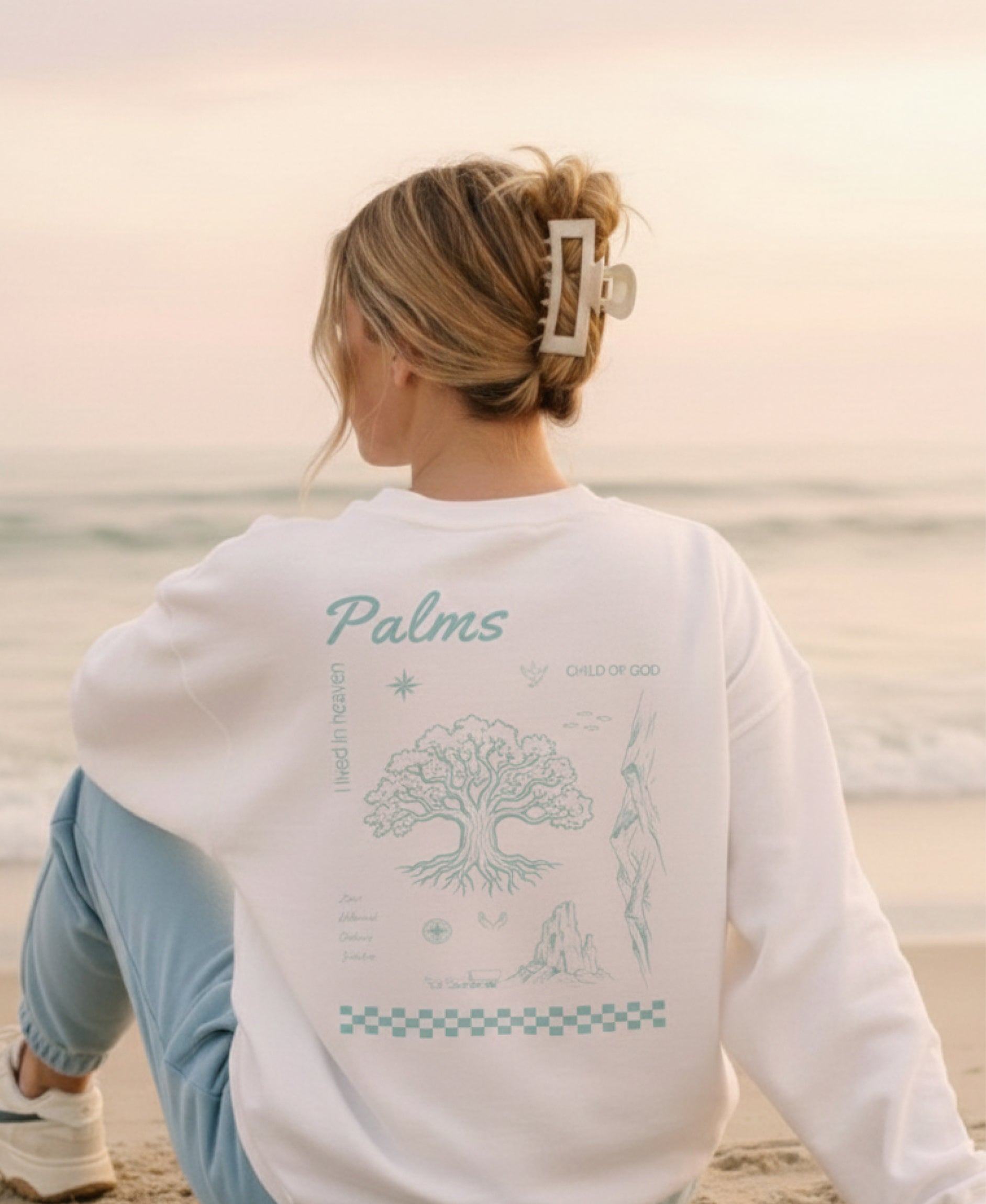 Palms white Christian sweatshirt for women with a sage Tree of Life back graphic