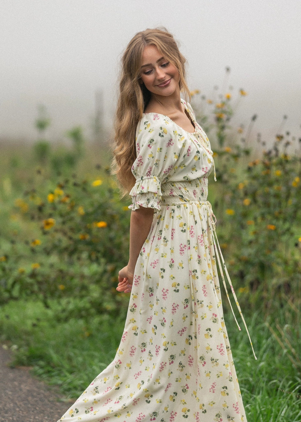 Meadow Daydream cream floral modest maxi dress with double puff sleeves and a smocked waist