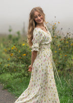 Meadow Daydream cream floral modest maxi dress with double puff sleeves and a smocked waist