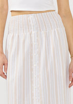 Striped neutral modest maxi skirt with a smocked waist and pockets