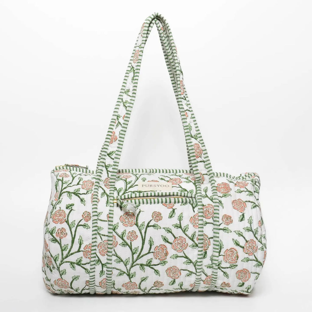 Small rose-and-vine block-printed quilted cotton temple duffel