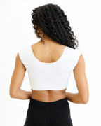 Cropped scoop-neck cap-sleeve tee with smooth stretch fabric