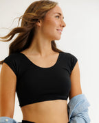 Cropped scoop-neck cap-sleeve tee with smooth stretch fabric