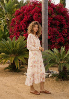 Floral chiffon modest midi dress with lace-insert sleeves, tiered skirt, and front ties