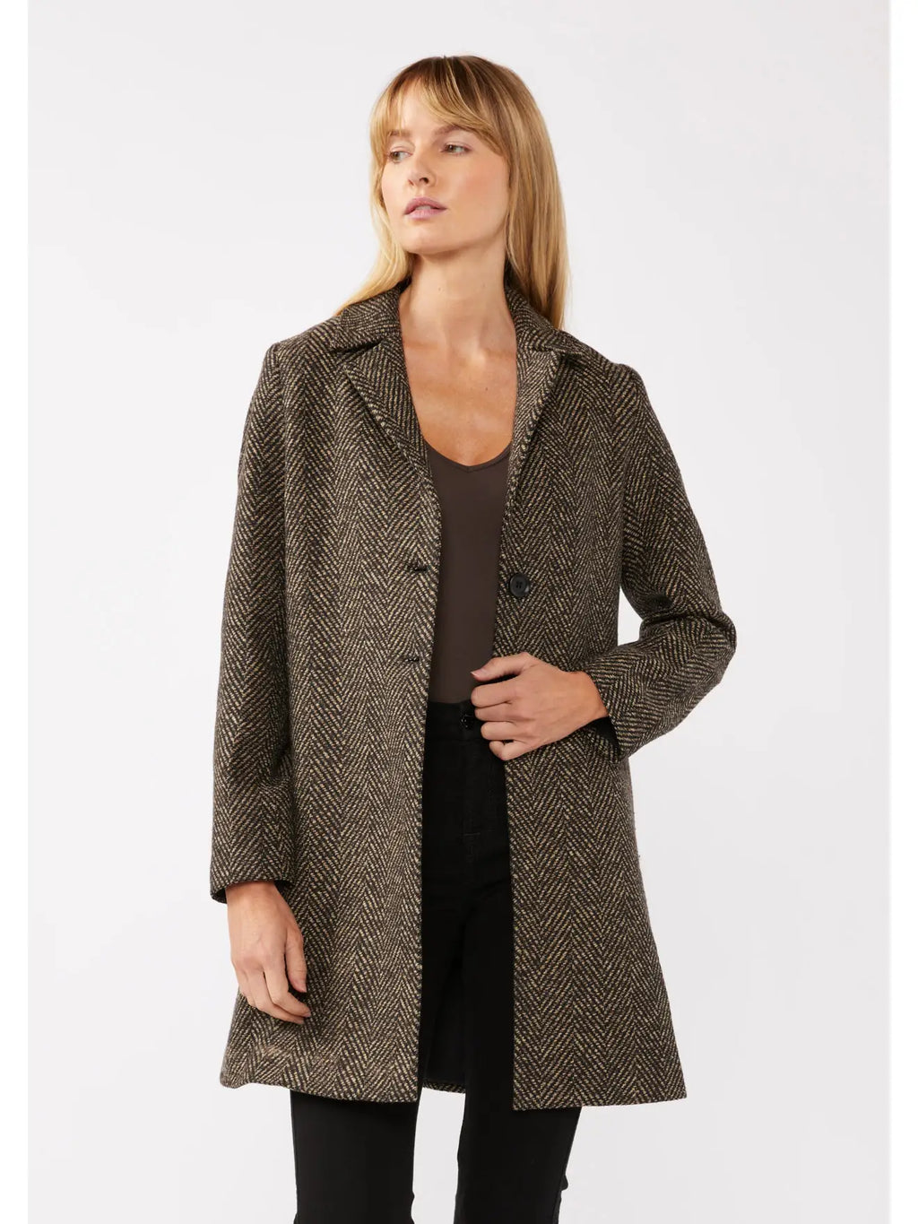 Carmel herringbone chevron modest coat in earth tones with notched collar and pockets