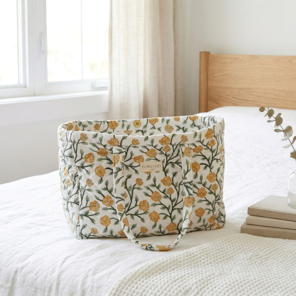 Block-printed quilted cotton floral tote bag with two styling options and magnetic snaps