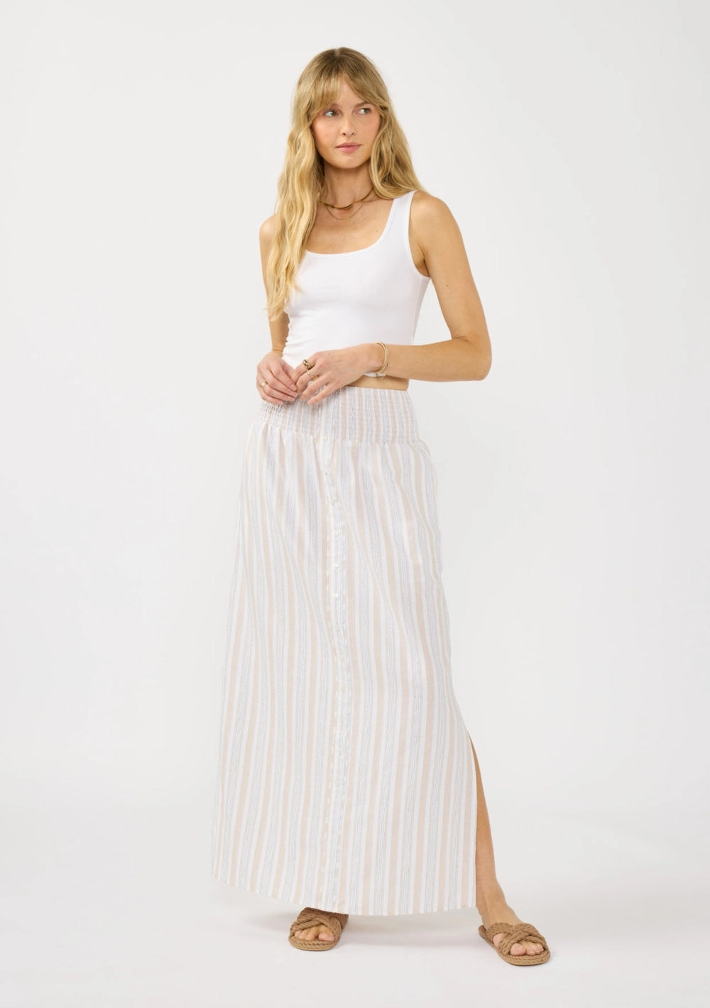 Striped neutral modest maxi skirt with a smocked waist and pockets