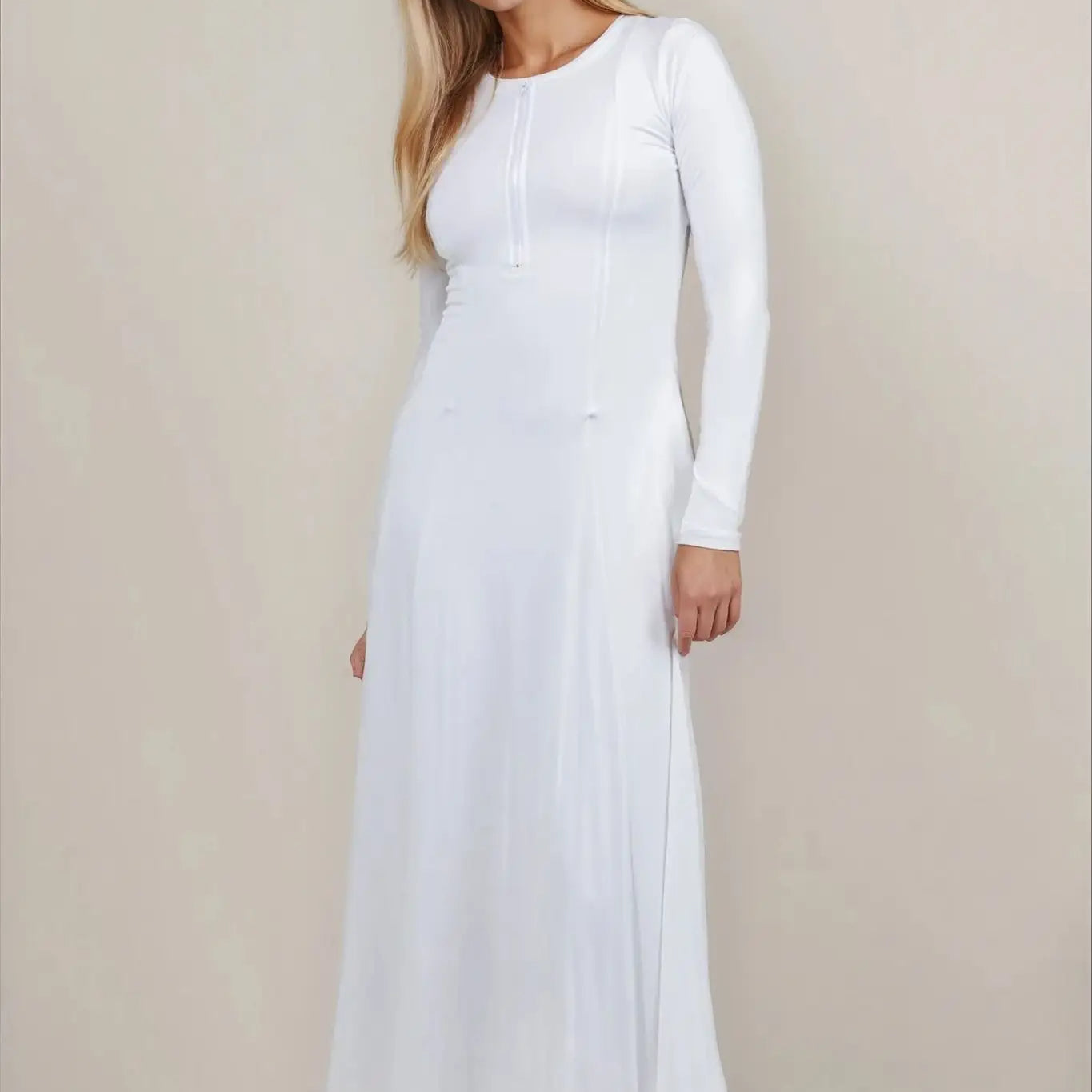 The Concepción LDS temple dress — zip-front detail
