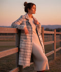 The Shiloh black-and-white windowpane plaid modest cardigan with a notched collar