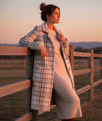 The Shiloh black-and-white windowpane plaid modest cardigan with a notched collar