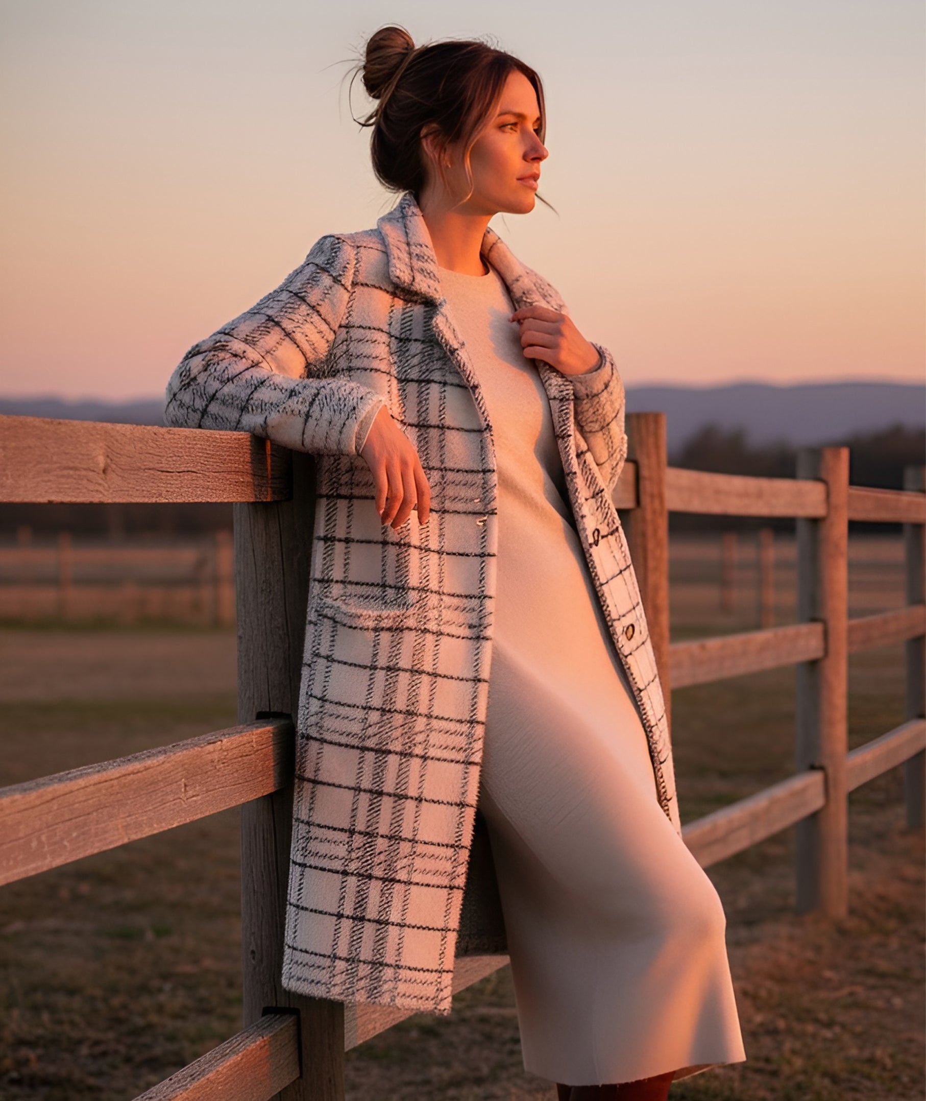 The Shiloh black-and-white windowpane plaid modest cardigan with a notched collar