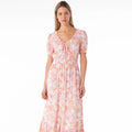 Amana pink and peach floral modest maxi dress with puff sleeves, tiered hem, and pockets