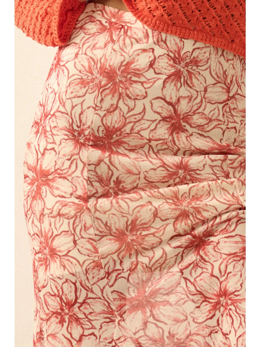 The Crimson Garden red floral-mesh modest maxi skirt with a mermaid silhouette and godet pleats