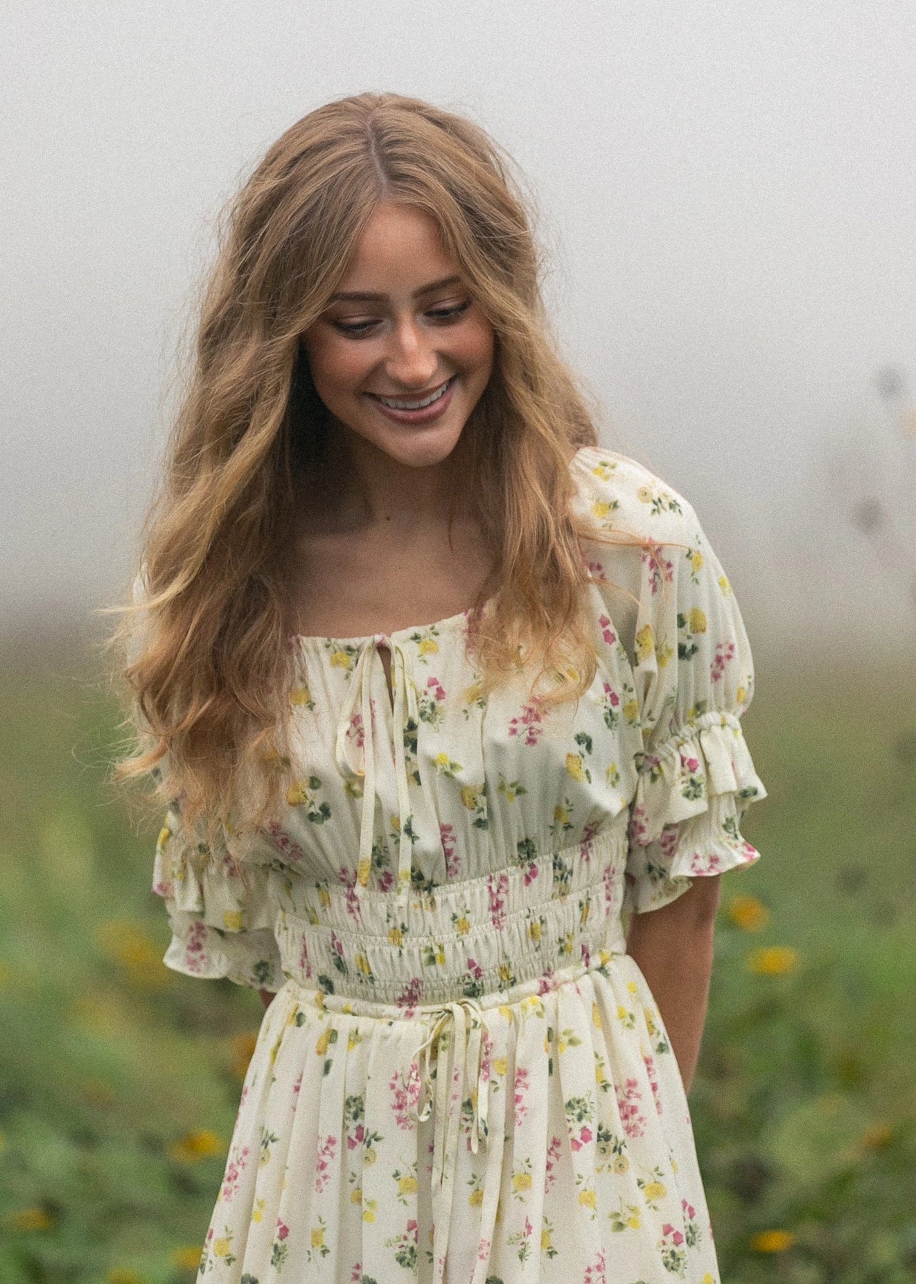 Meadow Daydream cream floral modest maxi dress with double puff sleeves and a smocked waist