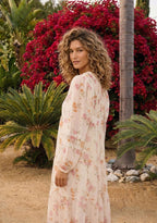 Floral chiffon modest midi dress with lace-insert sleeves, tiered skirt, and front ties