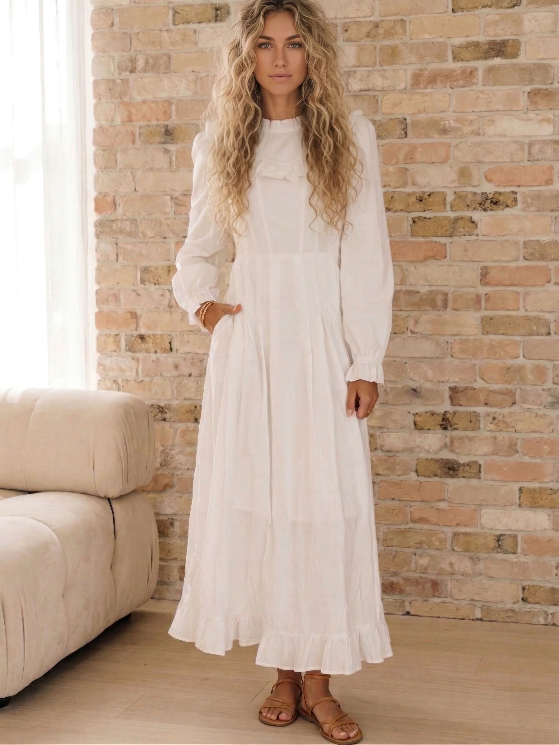 The Nauvoo — long-sleeve ruffled LDS temple dress with waist tie and pockets