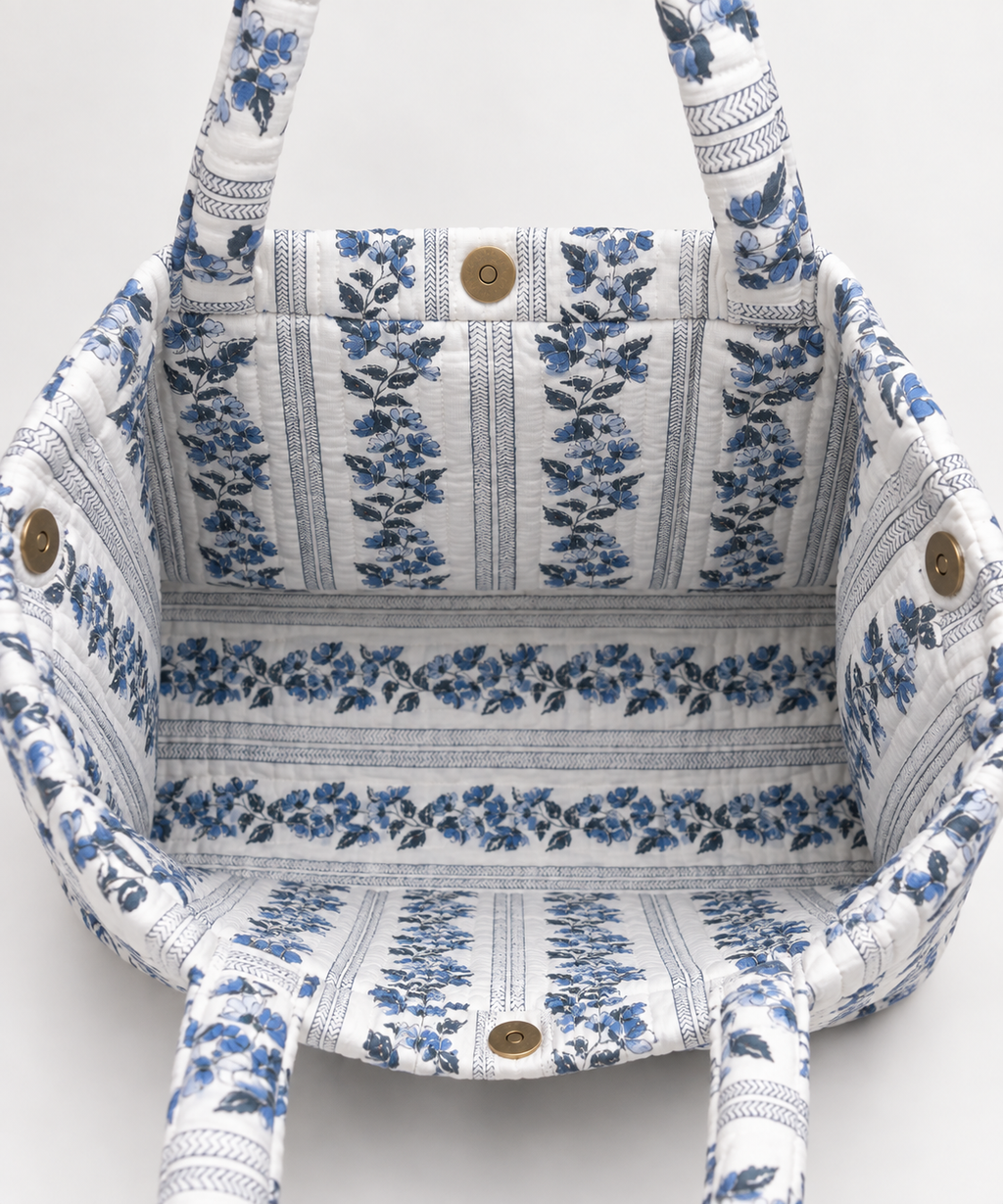 Quilted Temple Tote Bag – Blue Floral