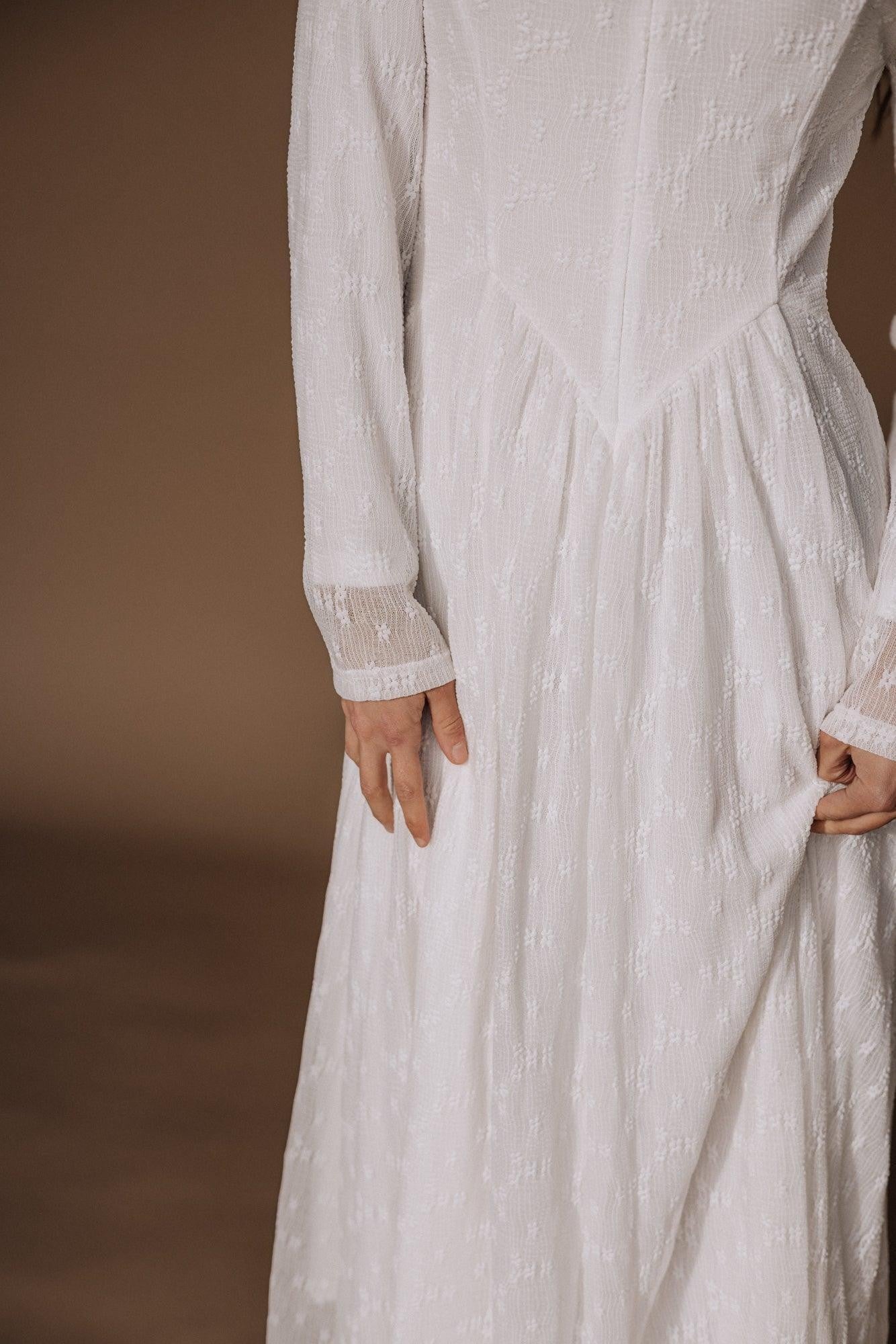 The Feather River LDS temple dress — embroidered lace detail