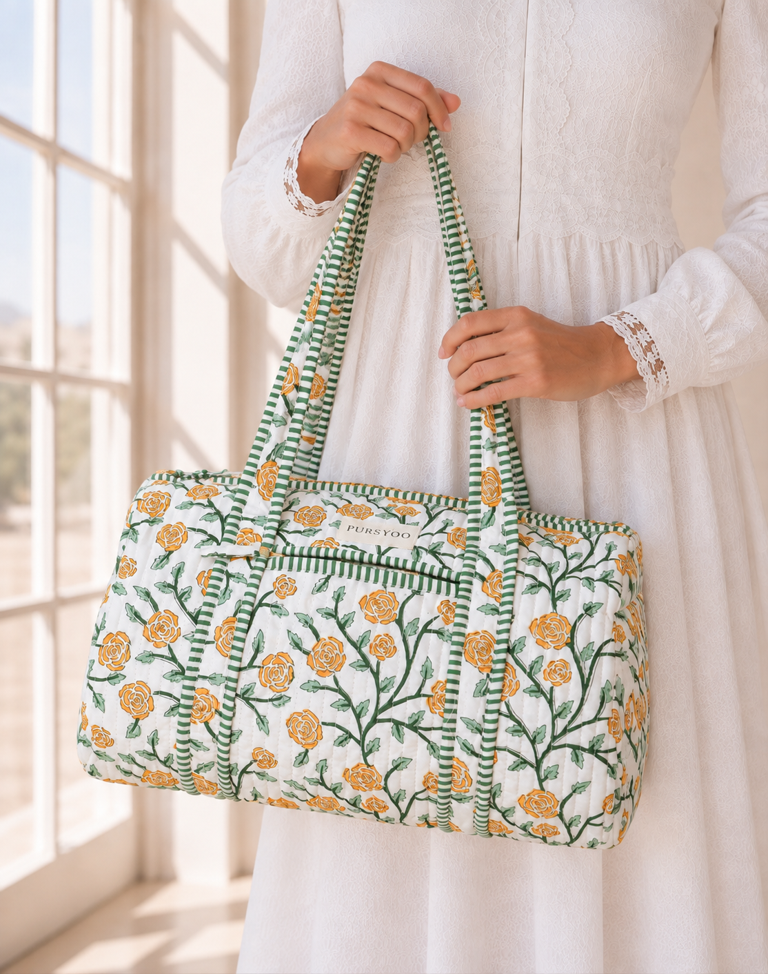 Small Orange Rosevine Quilted Temple Duffel