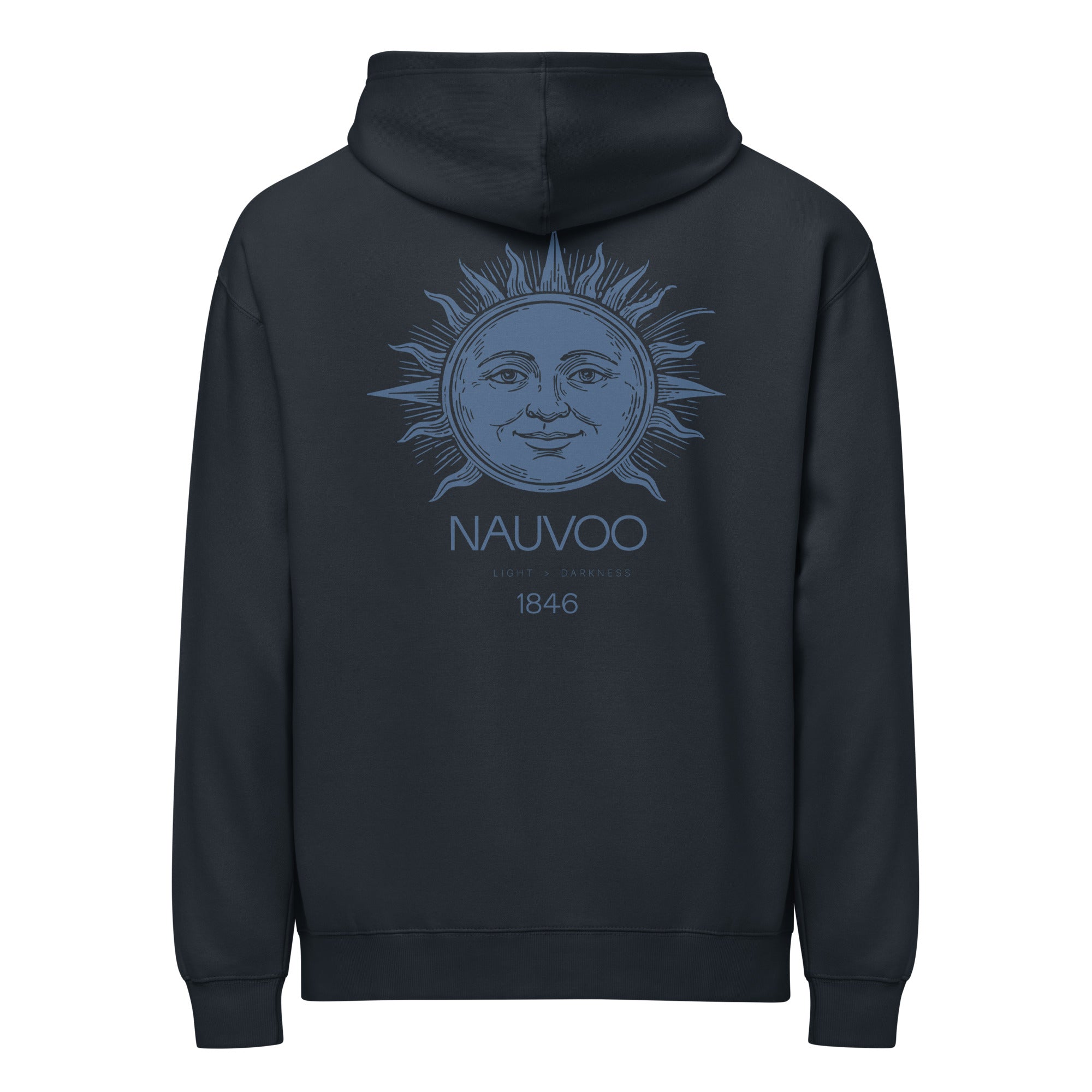 The Nauvoo Sun Christian hoodie with a small Nauvoo sun graphic