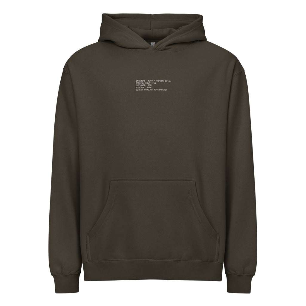 Nephi's Ship earth-toned Christian hoodie for men with a small chest mark