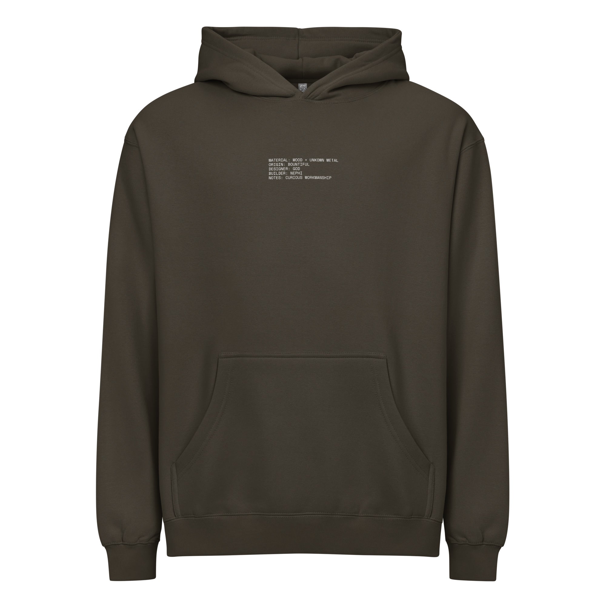 Nephi's Ship earth-toned Christian hoodie for men with a small chest mark