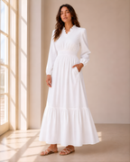 The Brigham City V-neck ruffle LDS temple dress with long sleeves