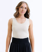 Smoothing contour layering tank top in black and nude stretch fabric