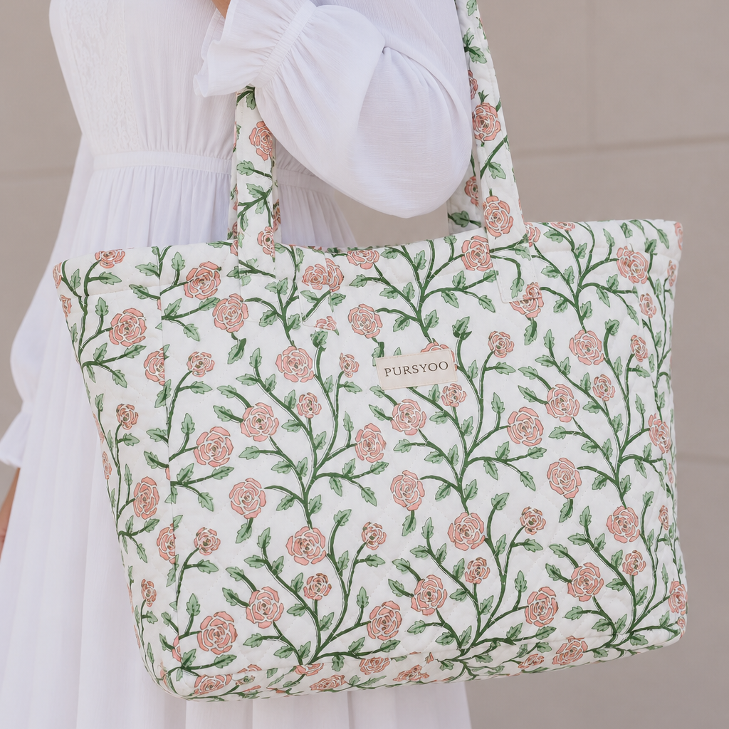 Quilted Temple Tote Bag – Pink Rose