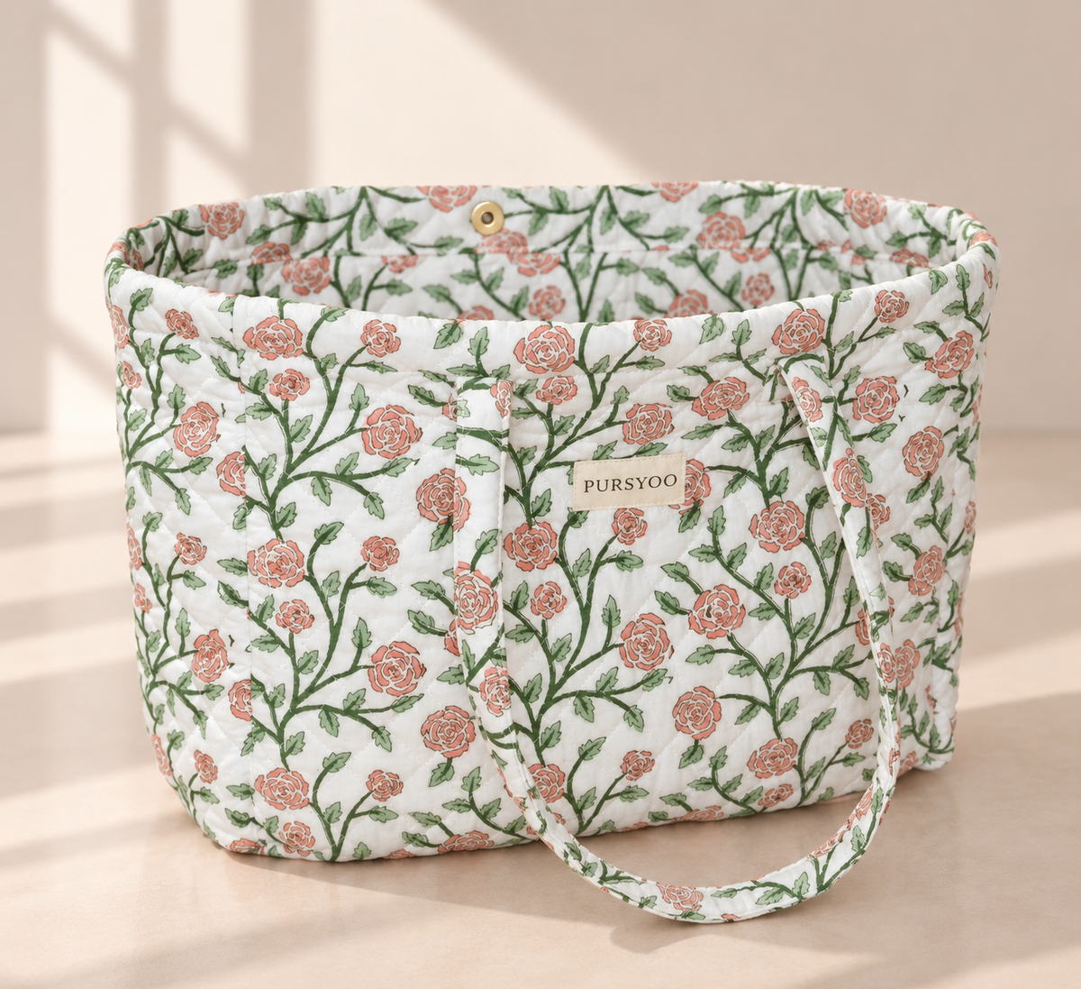 Quilted Temple Tote Bag – Pink Rose