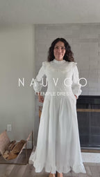 The Nauvoo | Long Sleeve Ruffled LDS Temple Dress with Waist Tie & Pockets