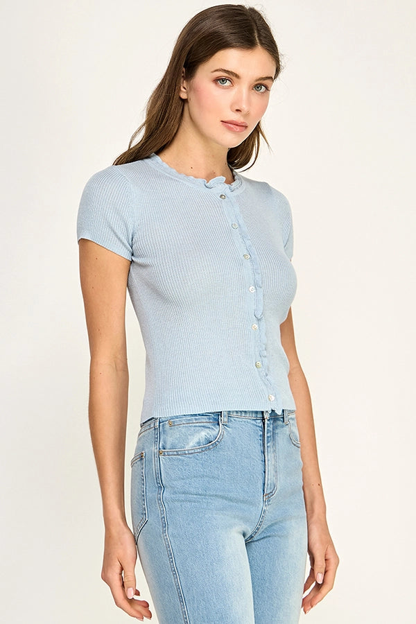 Baby Blues light-blue merino-blend modest blouse with ribbed knit and lettuce-edge ruffle