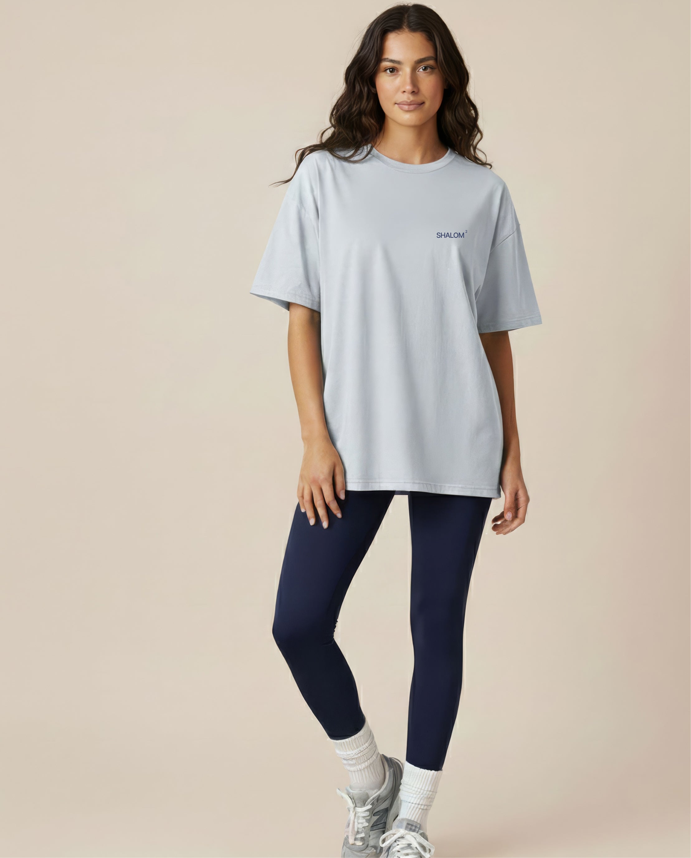 Shalom oversized Christian graphic tee for women with cream chest embroidery