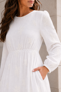 Star Valley LDS temple dress — close-up of embroidered bodice and gathered waist seam