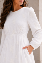 Star Valley LDS temple dress — close-up of embroidered bodice and gathered waist seam