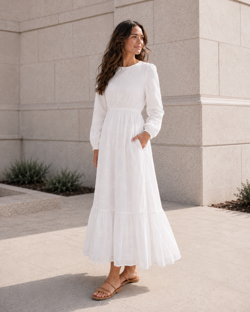 Star Valley LDS temple dress — front view showing hidden pockets and embroidered detail