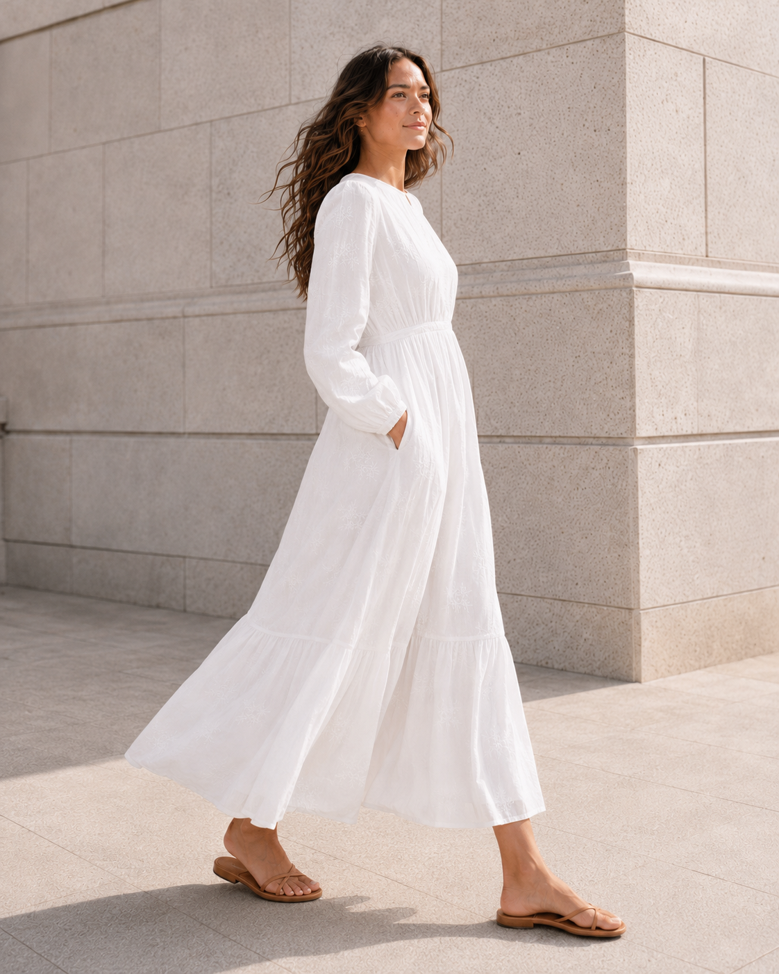 Star Valley LDS temple dress — side profile of long-sleeve A-line silhouette