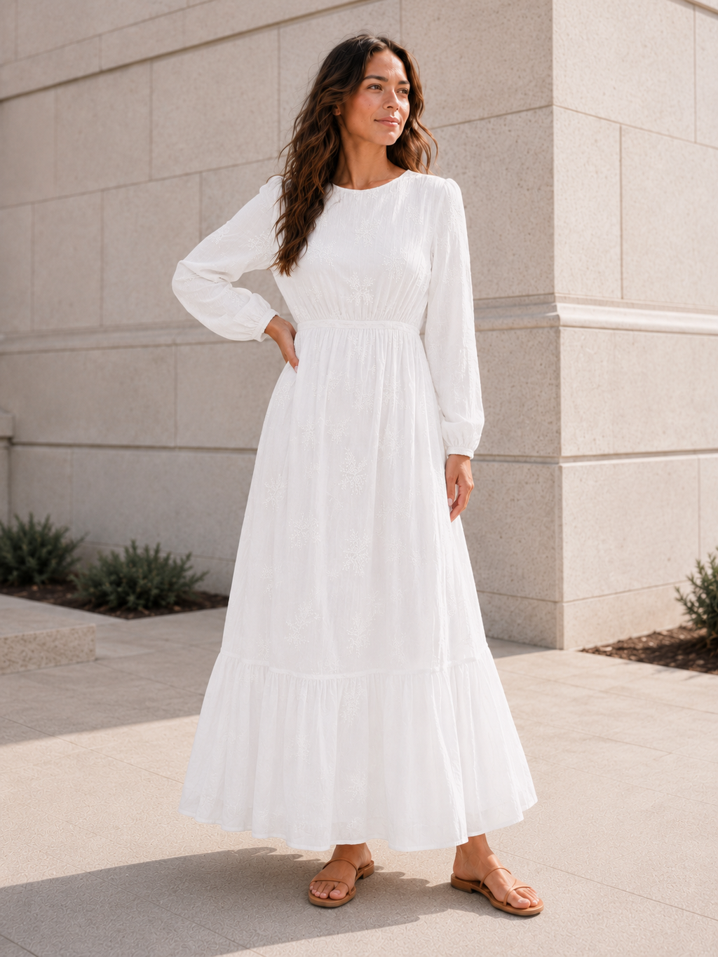 Star Valley LDS temple dress — full front view of white embroidered maxi with long sleeves