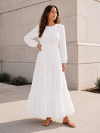 Star Valley LDS temple dress — full front view of white embroidered maxi with long sleeves