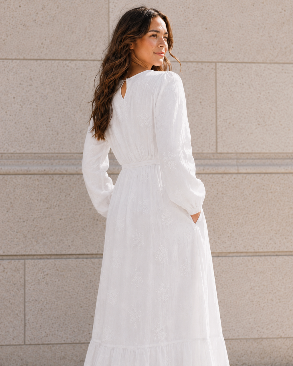 Star Valley LDS temple dress — back three-quarter view of embroidered modest temple dress