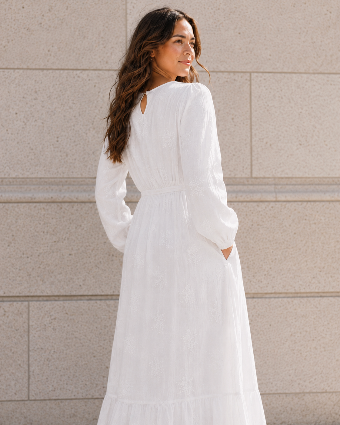 Star Valley LDS temple dress — back three-quarter view of embroidered modest temple dress