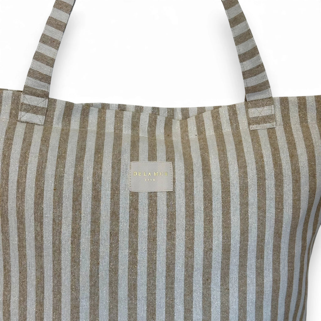Mustard-stripe zippered temple tote with a Lurex shimmer, made in Spain