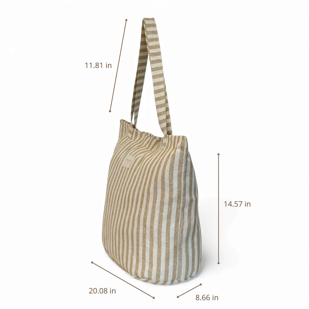 Mustard-stripe zippered temple tote with a Lurex shimmer, made in Spain