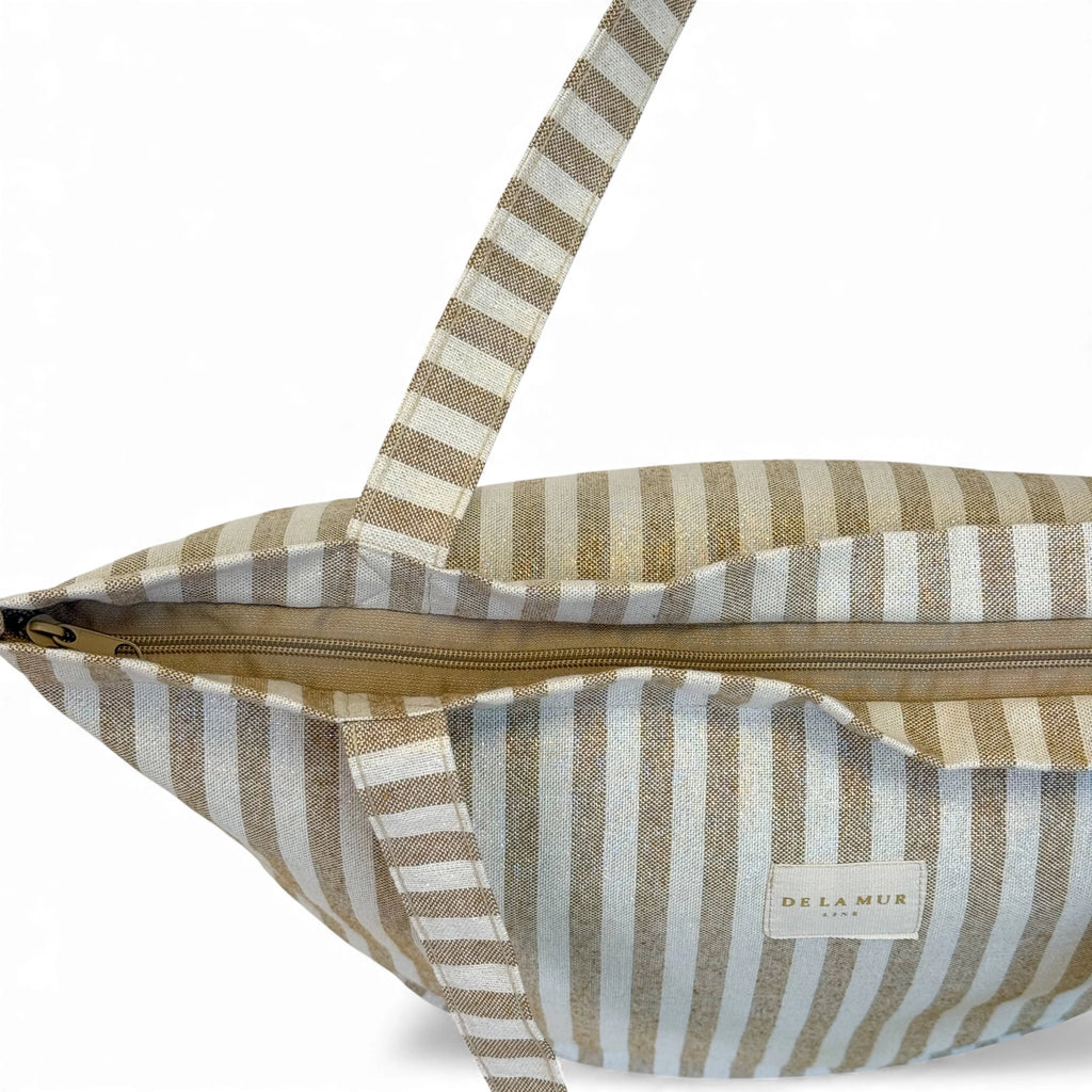 Mustard-stripe zippered temple tote with a Lurex shimmer, made in Spain