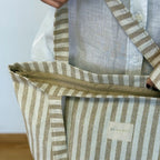 Mustard-stripe zippered temple tote with a Lurex shimmer, made in Spain