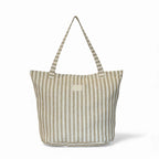 Mustard-stripe zippered temple tote with a Lurex shimmer, made in Spain