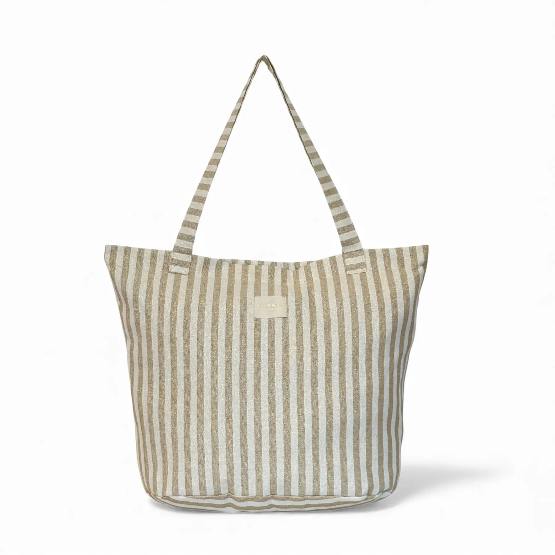 Mustard-stripe zippered temple tote with a Lurex shimmer, made in Spain