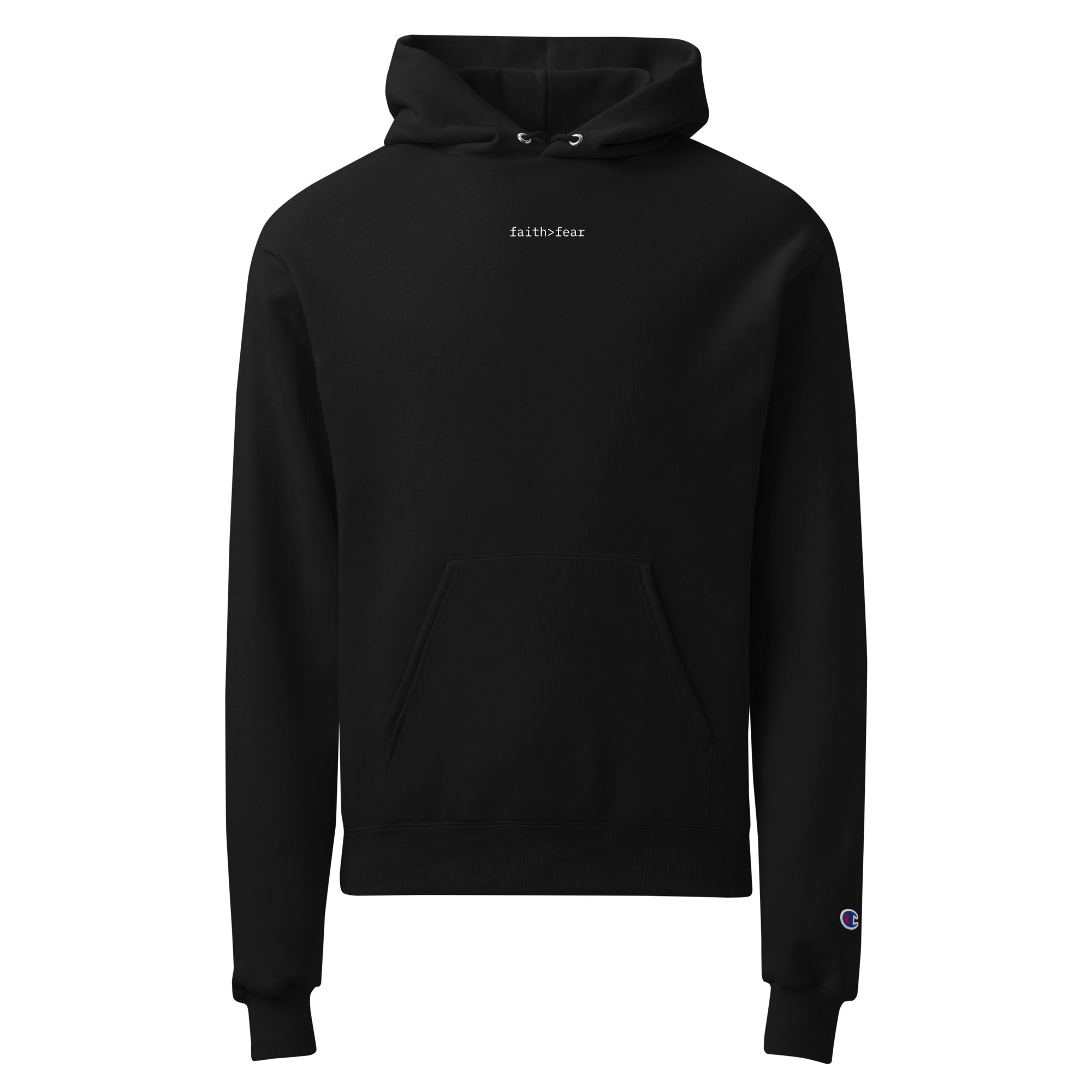 The Elijah black Faith Over Fear hoodie with a quiet faith over fear chest mark